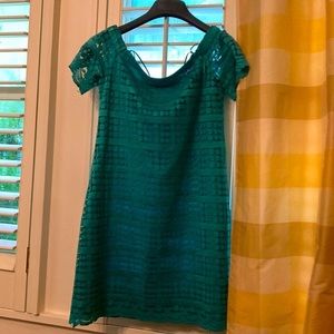 NWT Trina Turk jade green off the shoulder lace cocktail dress.